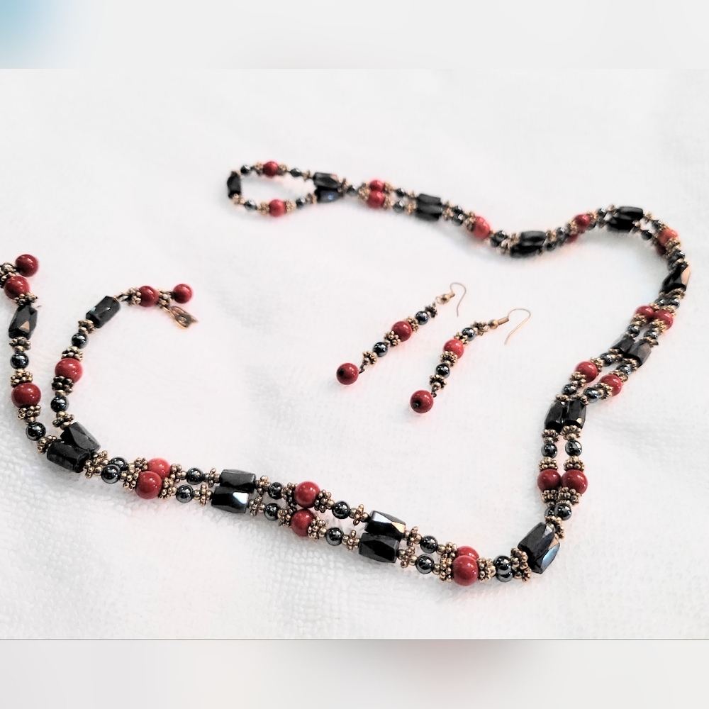 Necklace and earring set, red and blue stones